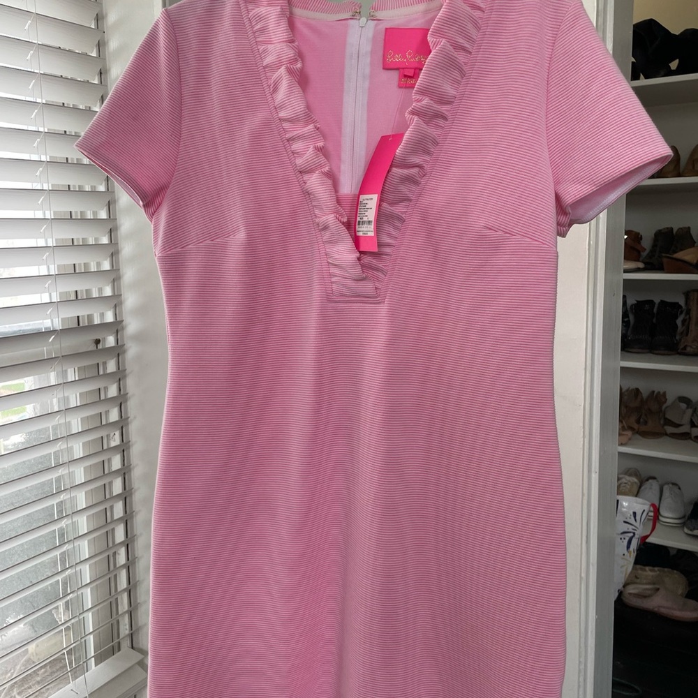 Lily Pulitzer NWT Ruffle pink/white V neck dress
